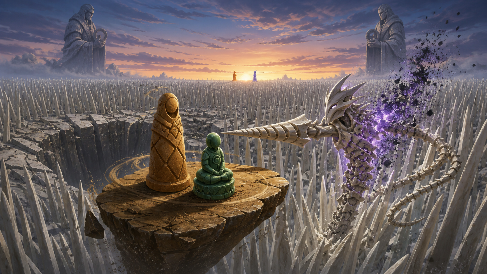 An ochre guardian and green recovery token float above a bone forest as a violet-lit drill stops inches away in Naruto Episode 127