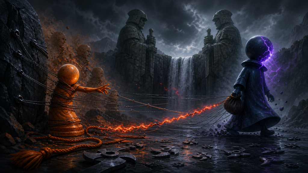 An orange pursuit token is bound to rock by burning wire held by an indigo departure token beneath two valley statues in Naruto Episode 128