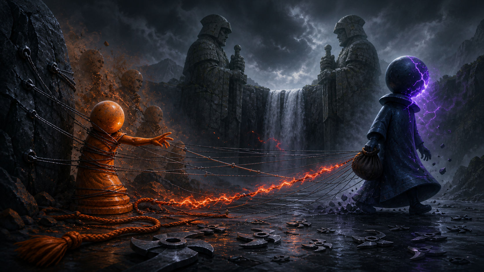 An orange pursuit token is bound to rock by burning wire held by an indigo departure token beneath two valley statues in Naruto Episode 128