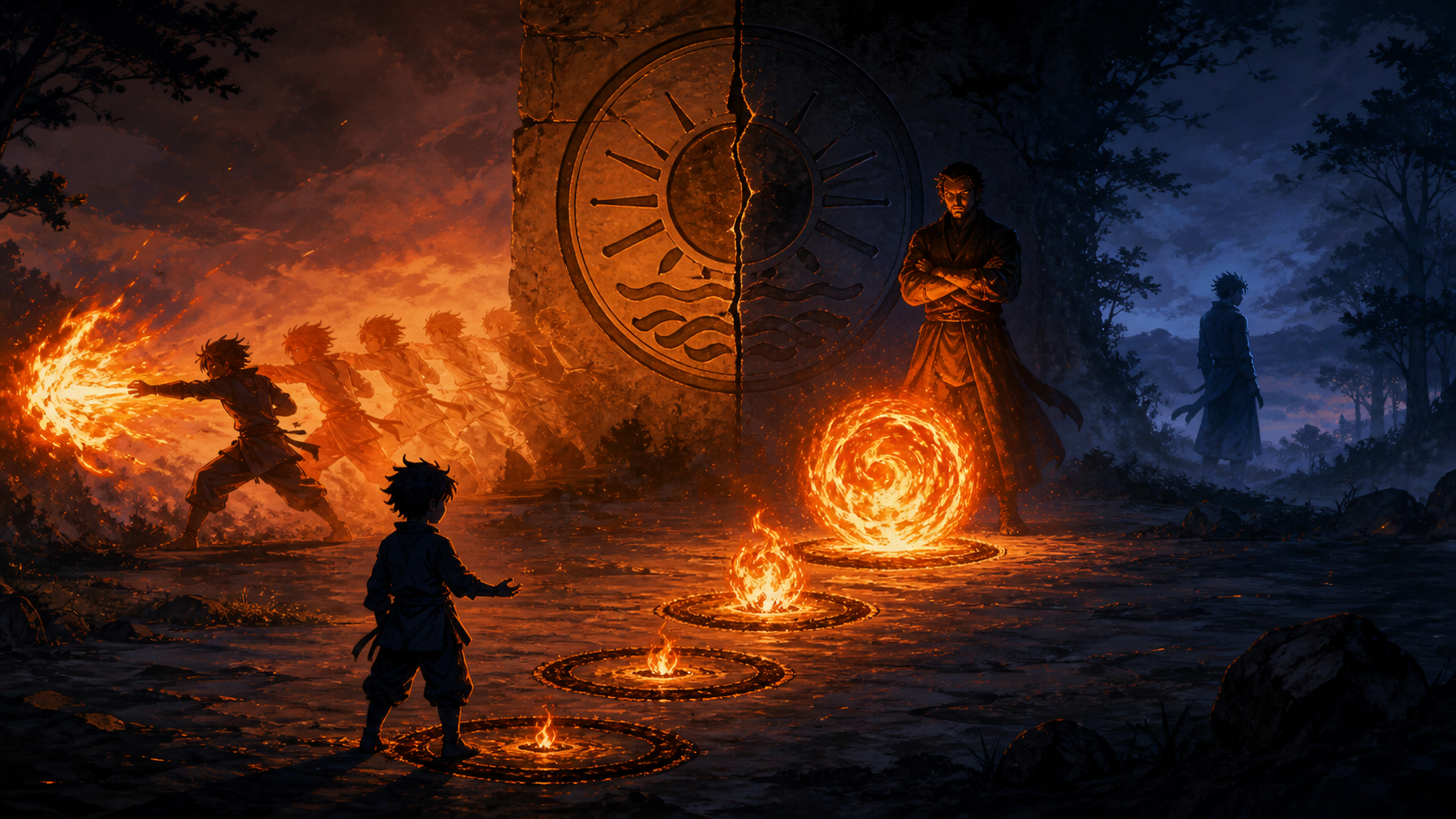 A child progresses from small practice flames to a mastered fire sphere before a distant father and an original cracked family medallion in Naruto Episode 130