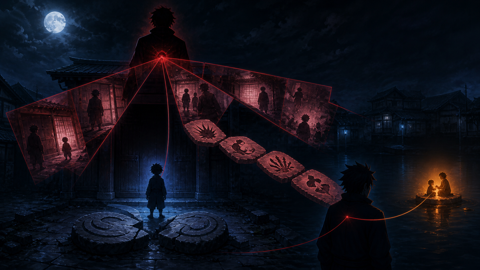 A child trapped in red memory panels faces an emptied moonlit district while a coercive path leads toward one warm friendship in Naruto Episode 131