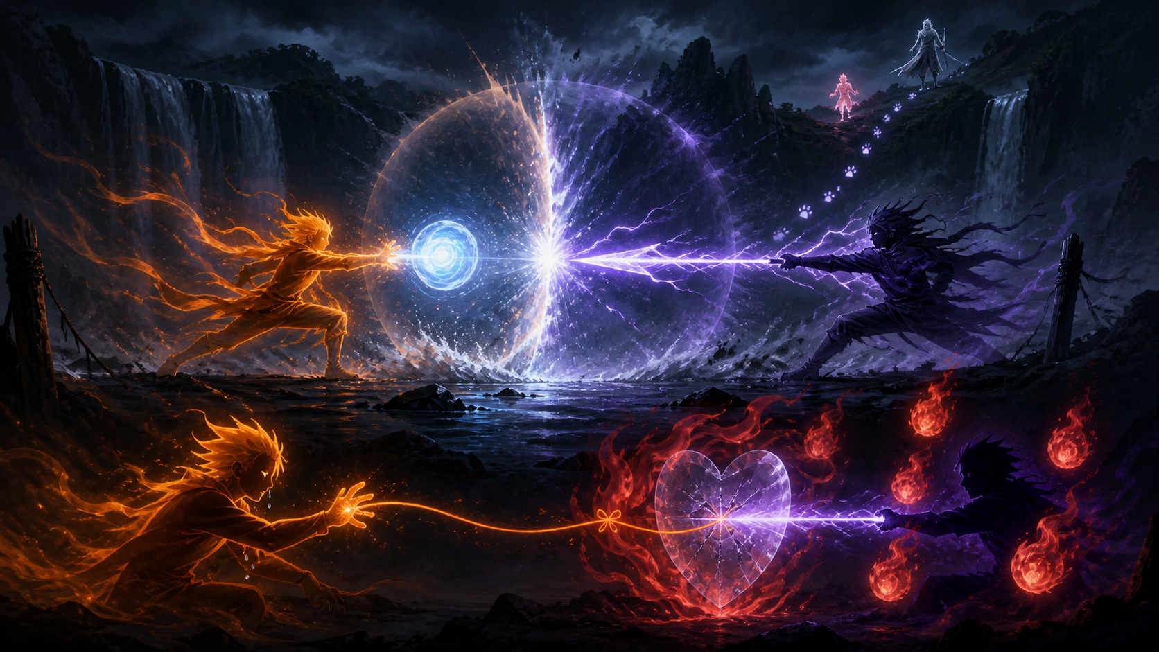 Orange and indigo fighters collide with spiraling energy and lightning above a cracked heart shield and warm bond in Naruto Episode 132
