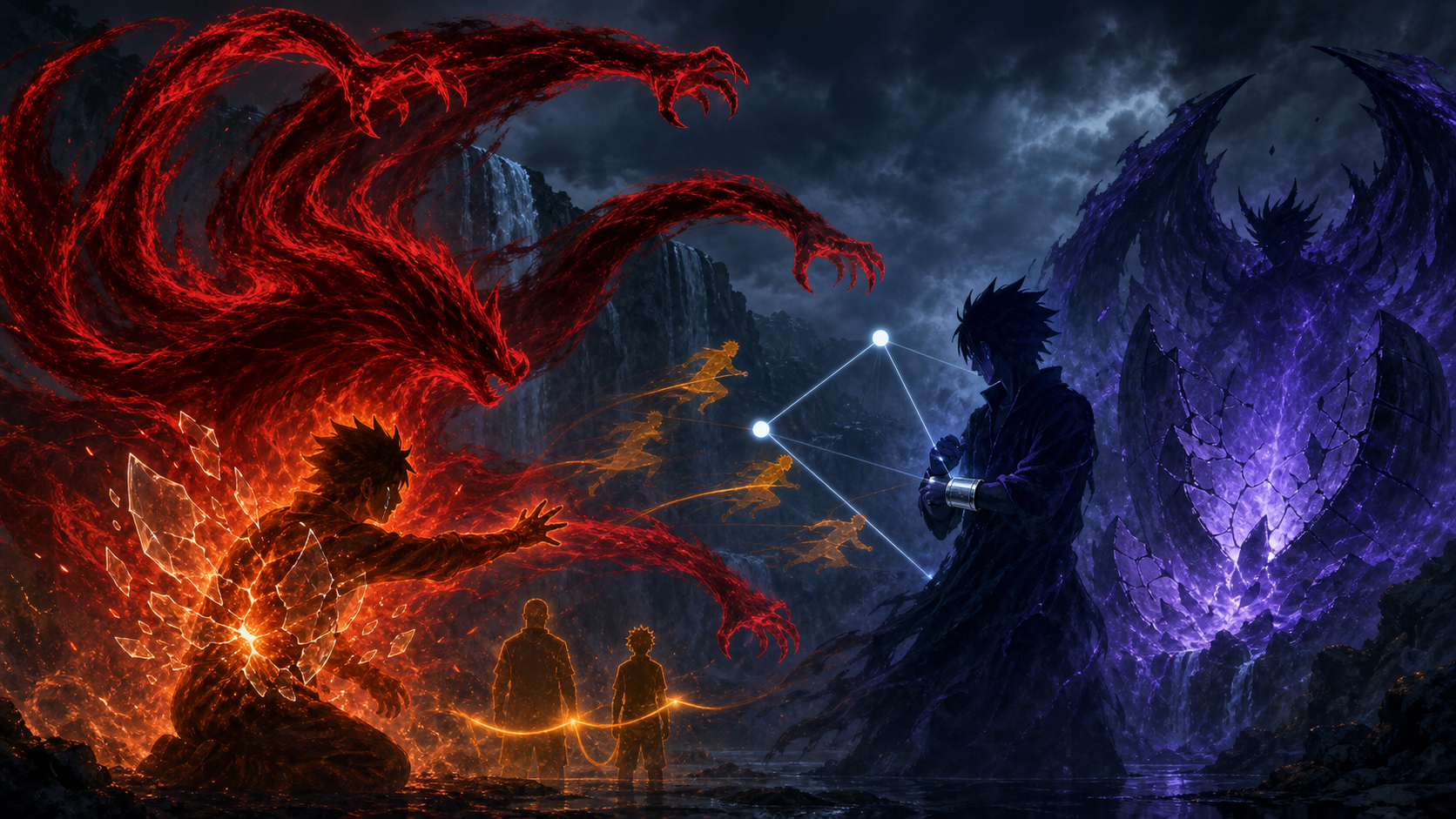 An orange fighter and autonomous red chakra claws break beyond a three-node prediction lattice facing an indigo fighter in Naruto Episode 133
