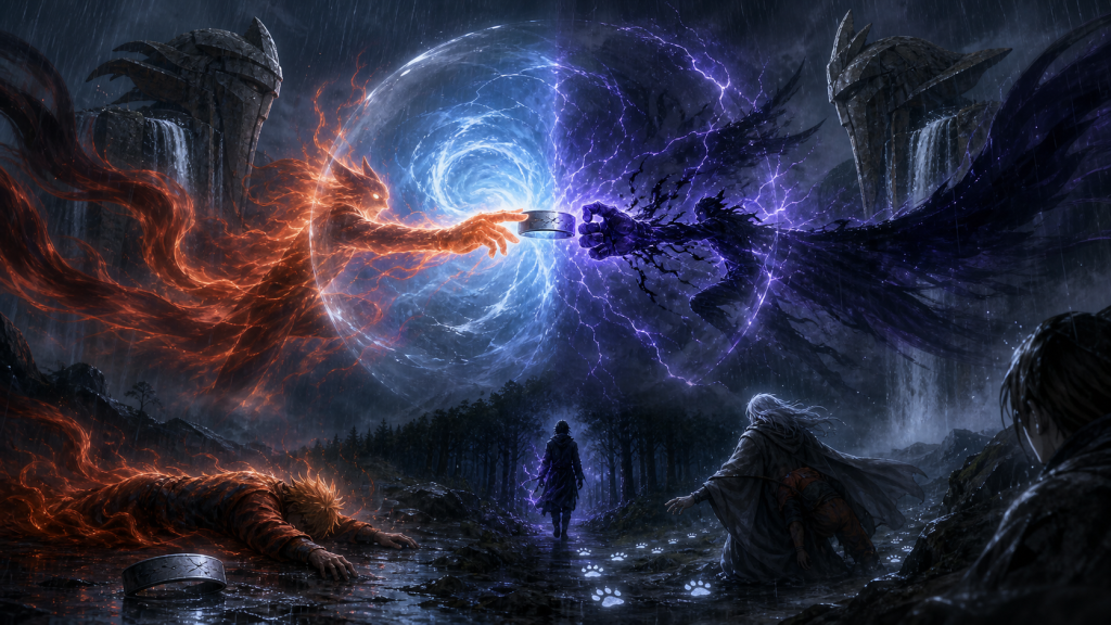 Orange and violet energy collide around a scratched blank band and closed fist while one fighter falls and another leaves in Naruto Episode 134