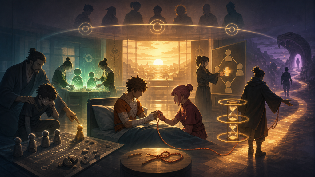 A bandaged orange teen and rose teammate retie a broken cord amid healers, a failed route board and a three-ring training horizon in Naruto Episode 135