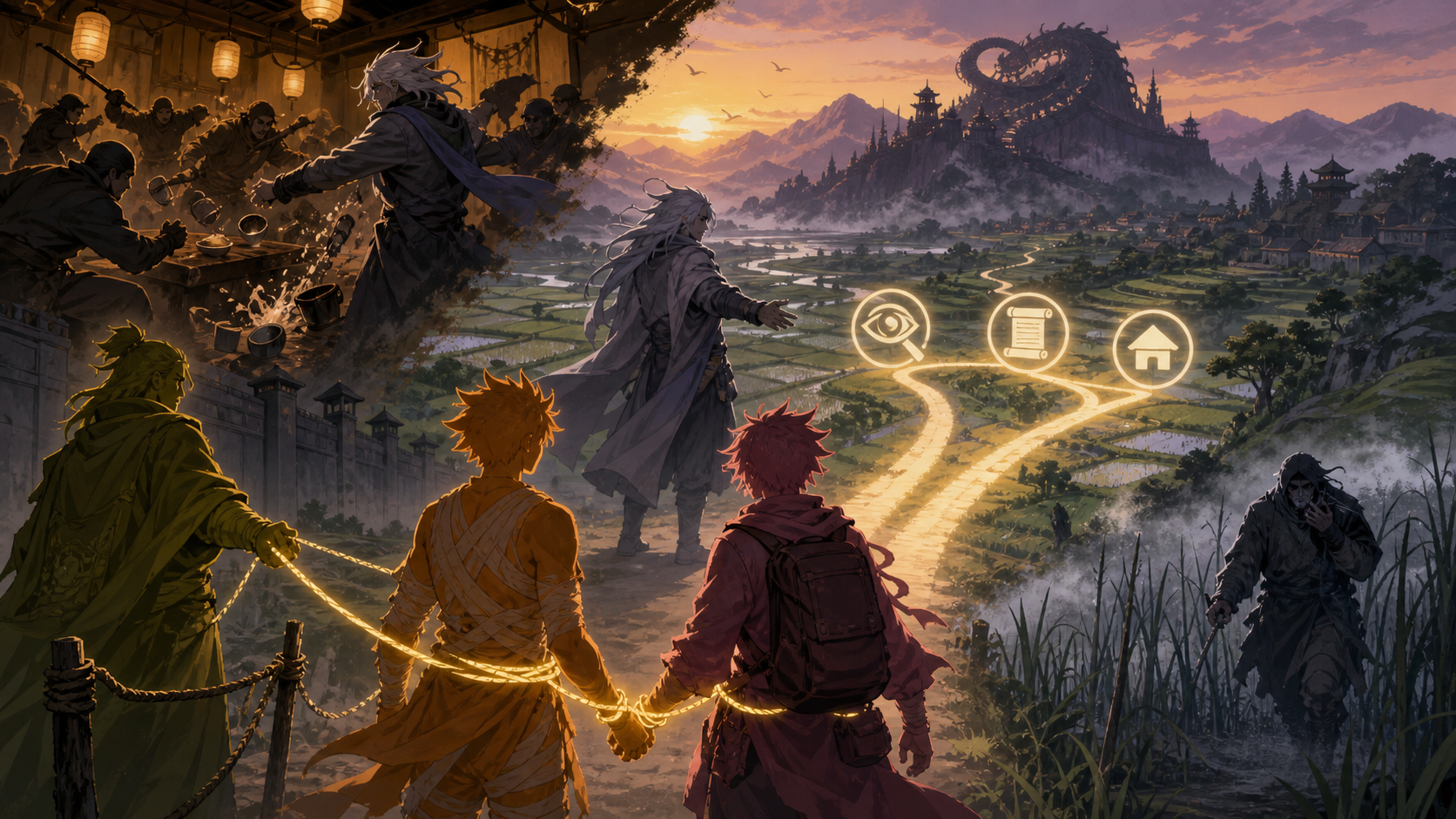 An orange and rose pair cross from a broken boundary rope onto an authorized rice-field mission route toward a masked stranger in Naruto Episode 136