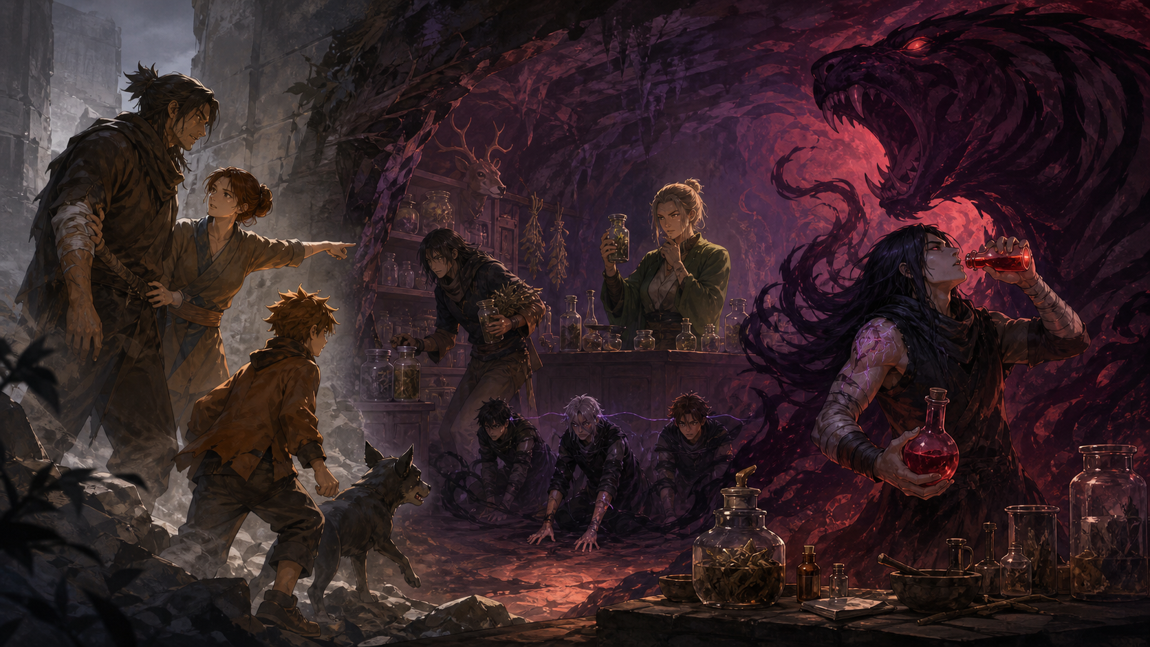 Tsubaki directs Naruto from Academy rubble as Mizuki steals medicine and drinks a red potion in Naruto Episode 146