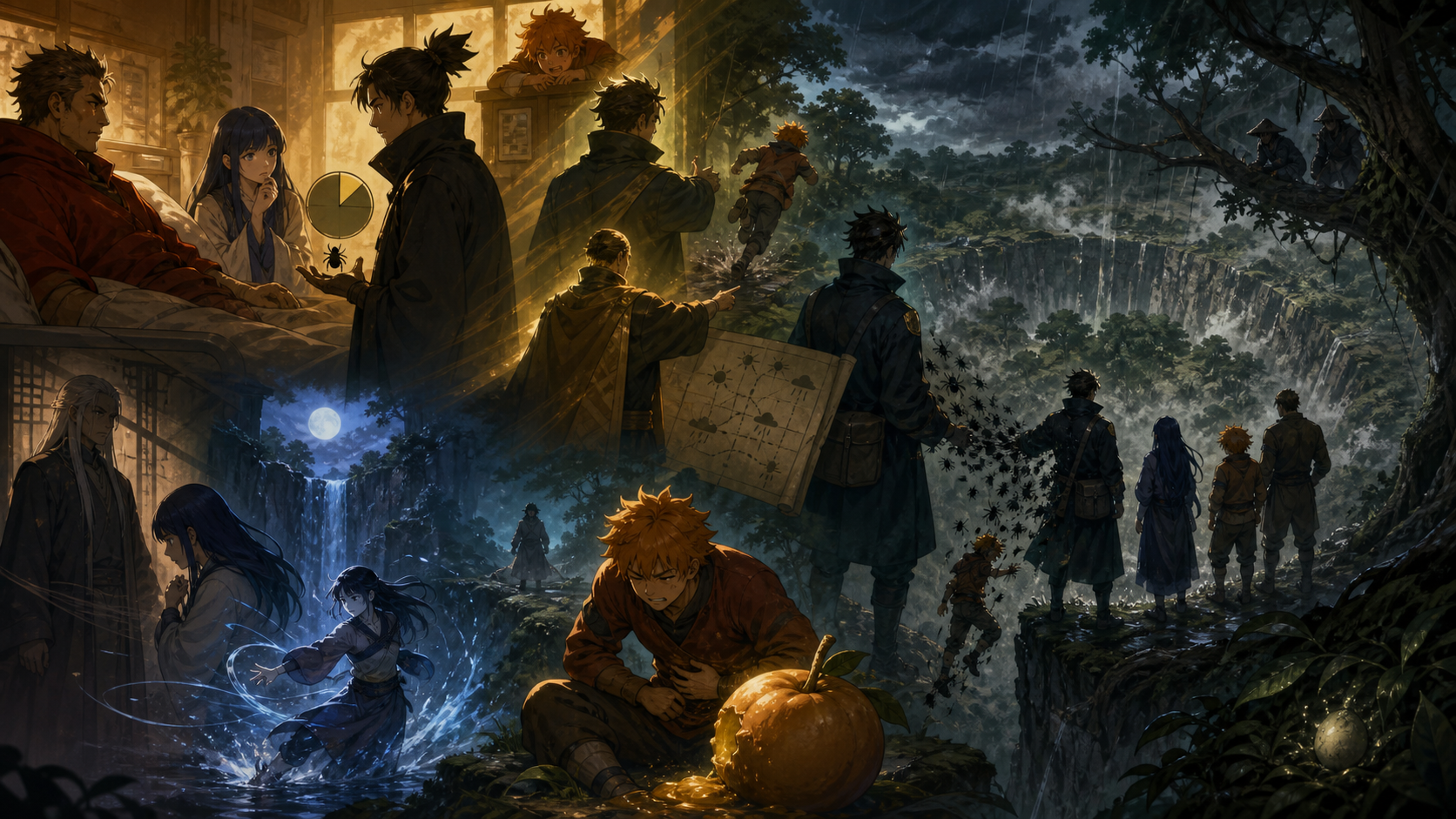 Shino leads Naruto and Team 8 from a hospital briefing into a rain-dark crater forest in Naruto Episode 148