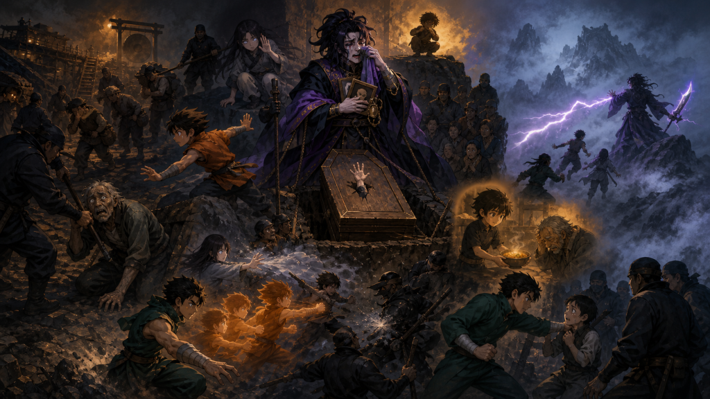 Raiga mourns beside a living prisoner’s coffin as Lee confronts Karashi in Naruto Episode 153