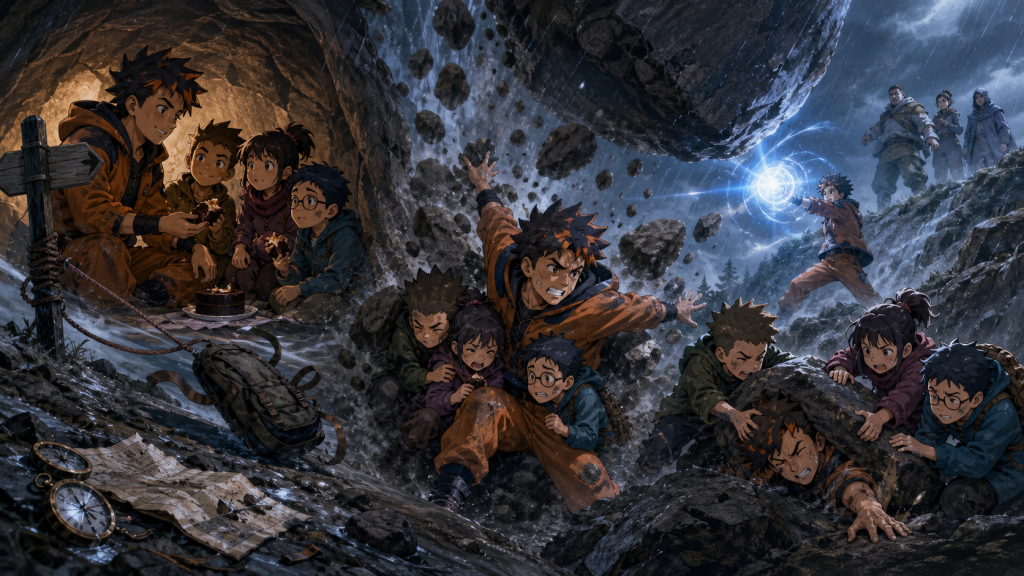 Naruto and three Academy students survive a mountain rockslide in Naruto Episode 158