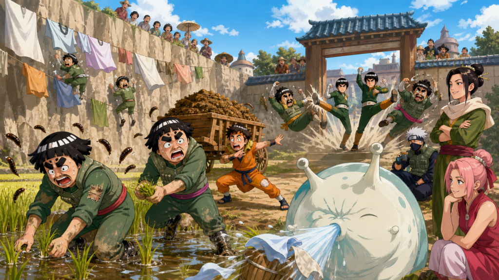 Naruto follows two obvious Guy and Lee impostors through village chores in Naruto Episode 161