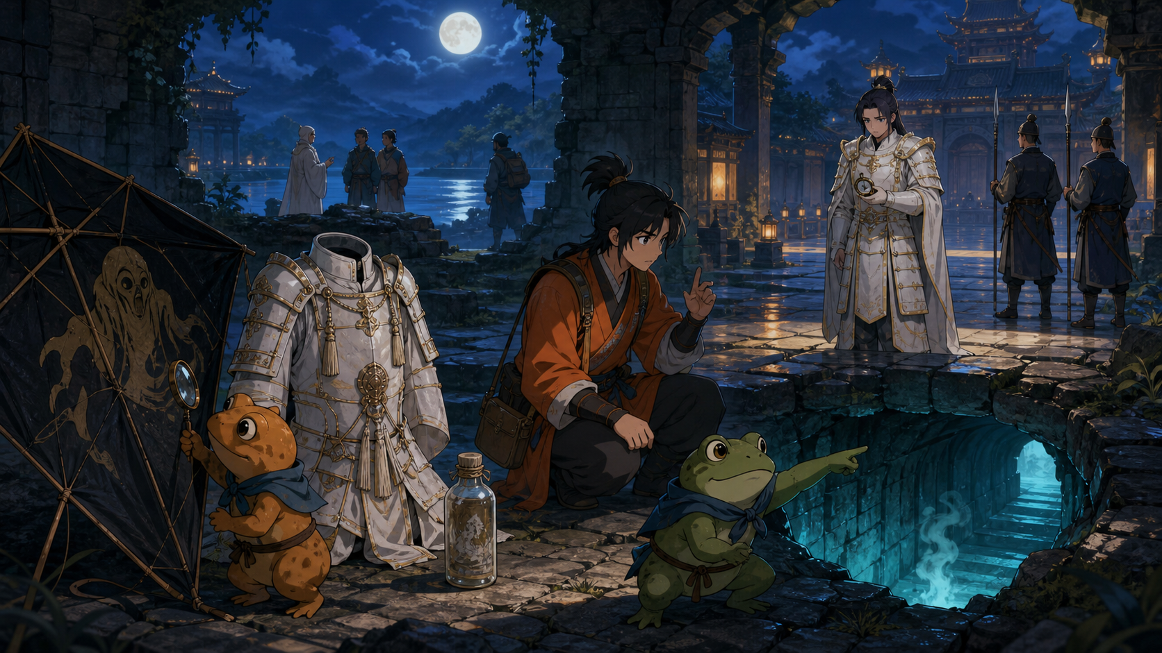 Naruto and two toads discover the kite and hidden tunnel behind the Cursed Warrior in Naruto Episode 164