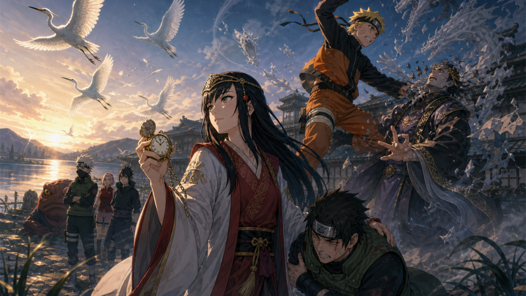Toki holds a restarted watch as Naruto defeats Hoki and white egrets rise in Naruto Episode 167