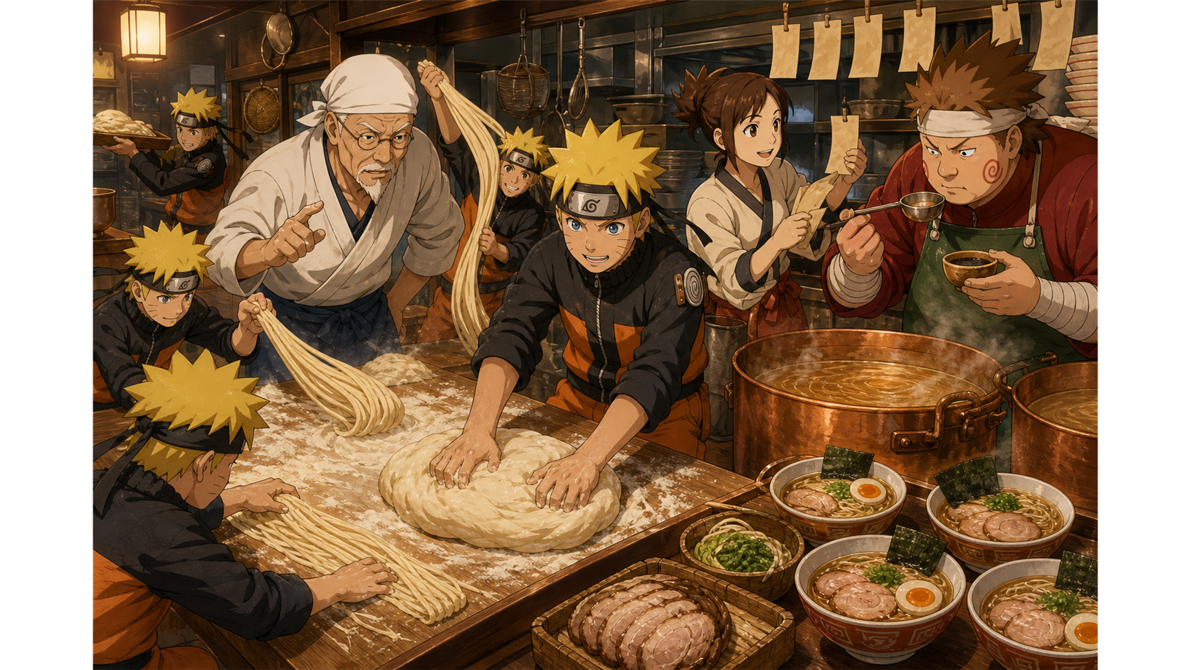 Naruto and his shadow clones make noodles with Teuchi, Ayame, and Choji in Naruto Episode 168