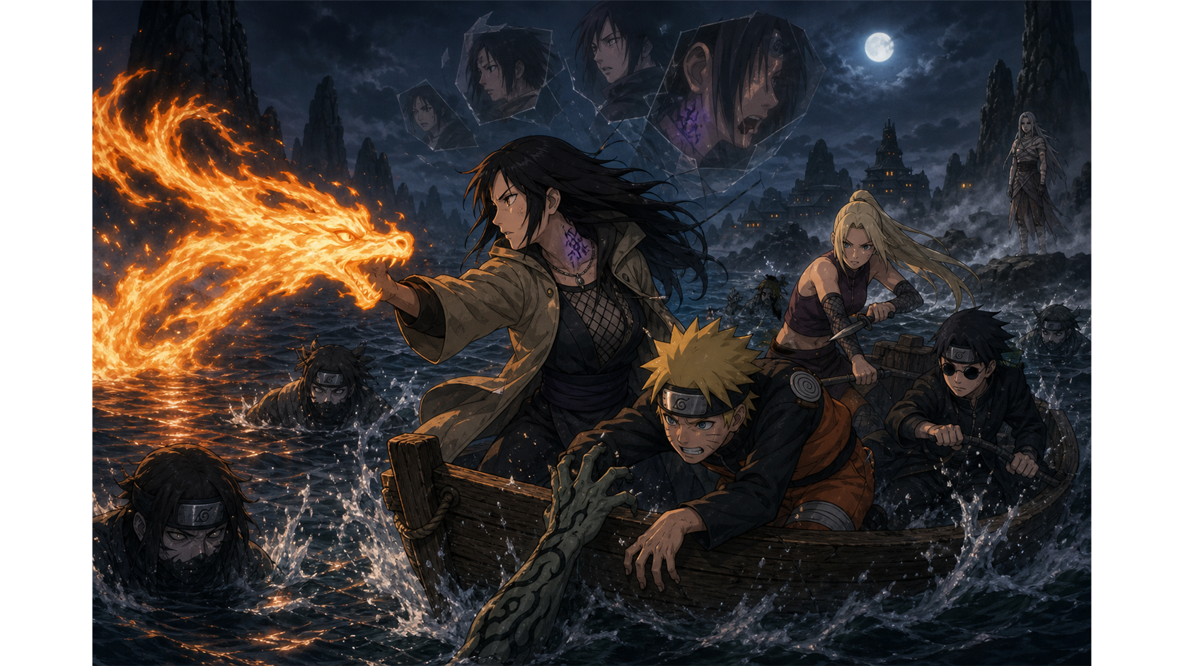 Anko uses Dragon Flame Jutsu as Naruto, Ino, and Shino defend a boat in Naruto Episode 169