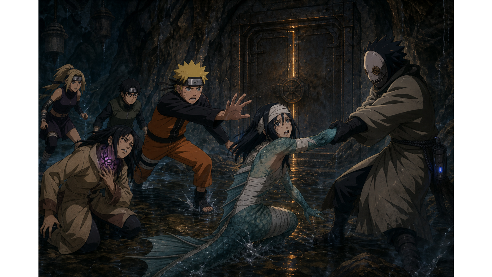 Naruto protects transformed Isaribi as Anko collapses beside a sealed laboratory door in Naruto Episode 170