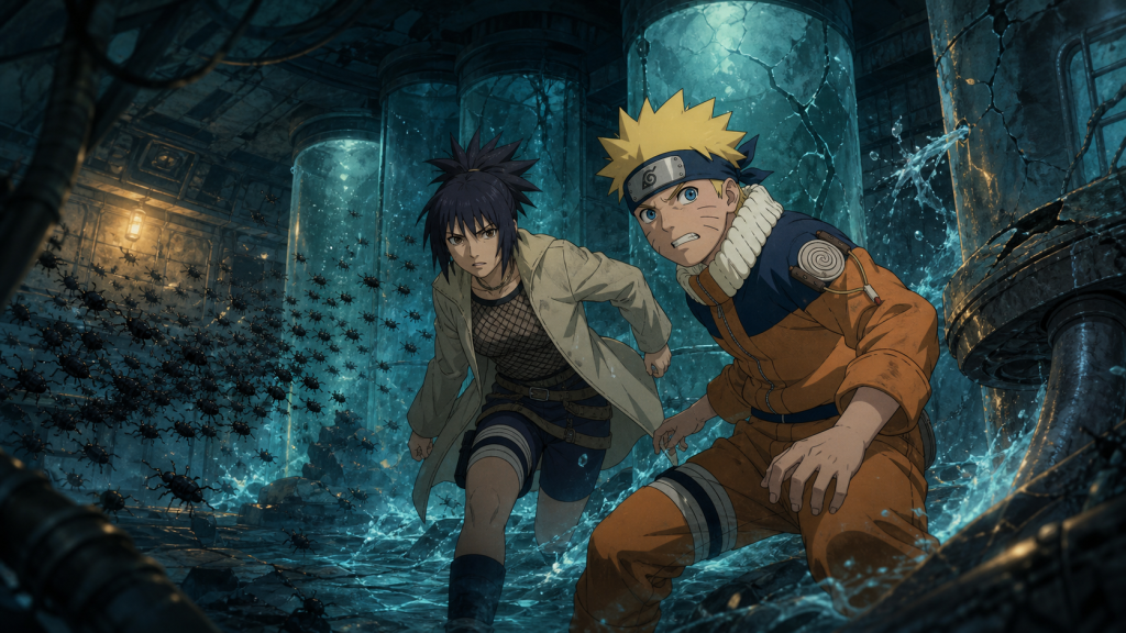 Naruto and Anko escape a flooding underwater laboratory as Shino’s insects swarm through Naruto Episode 171