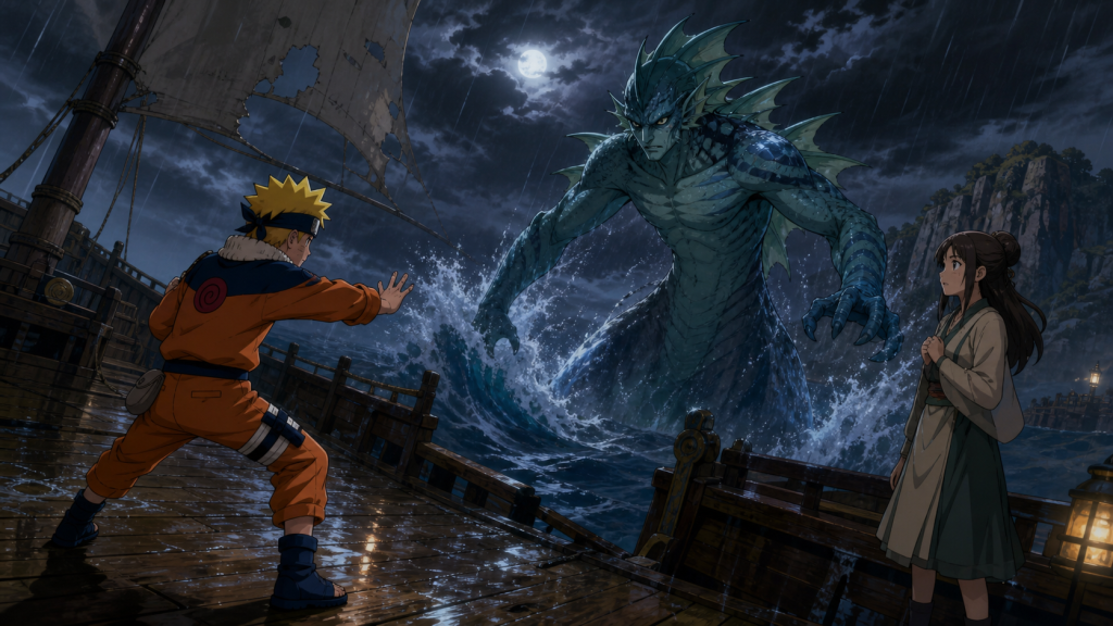Naruto confronts transformed Amachi on a storm-tossed collection ship as Isaribi watches in Naruto Episode 172