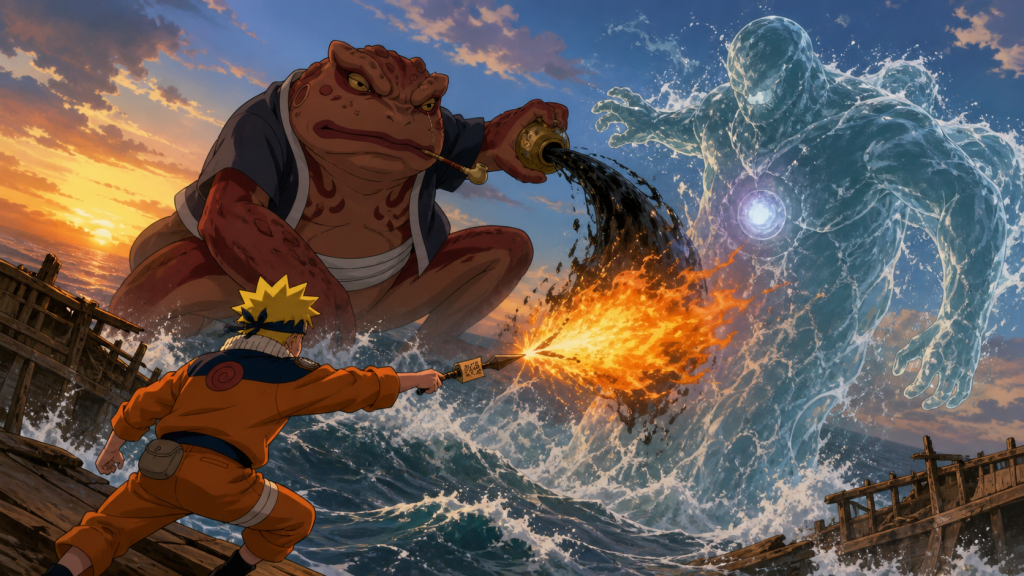 Naruto ignites Gamabunta’s oil attack against Umibozu’s glowing core in Naruto Episode 173