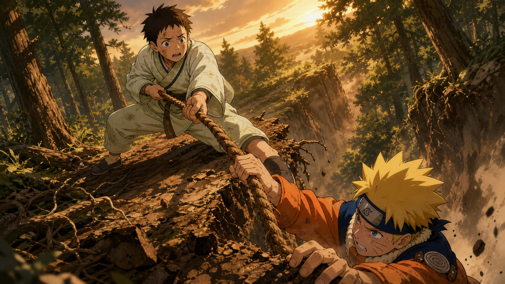 Kunihisa pulls a rope to rescue Naruto from a ravine in Naruto Episode 174