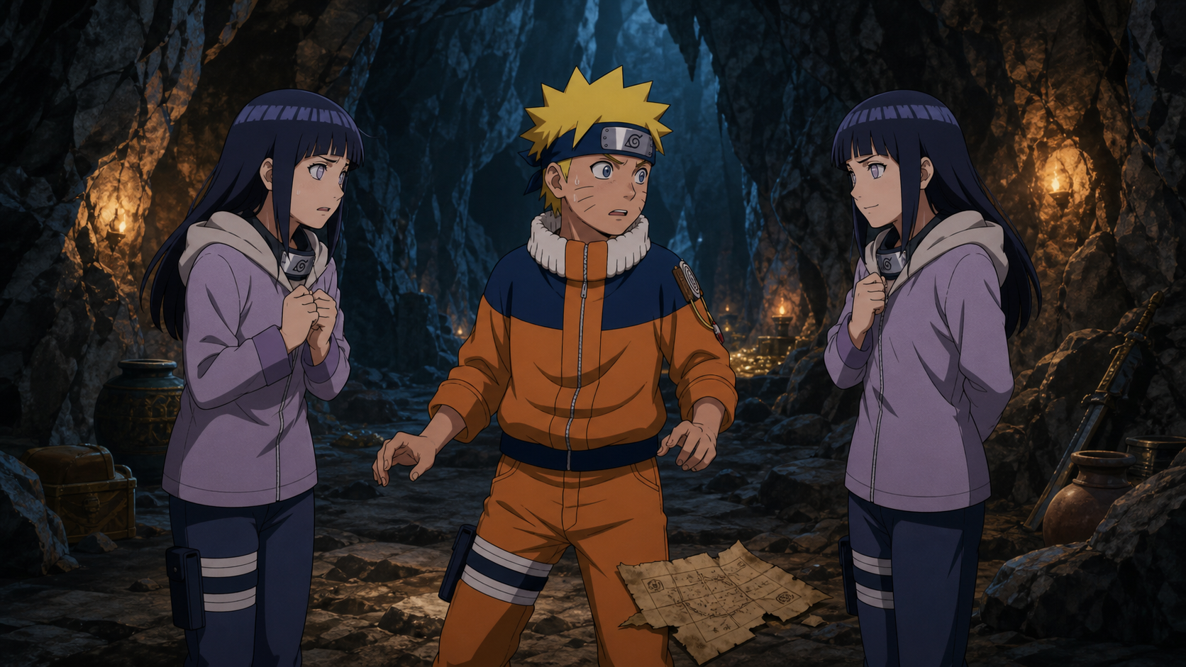 Naruto faces two identical Hinatas inside a treasure cave in Naruto Episode 175