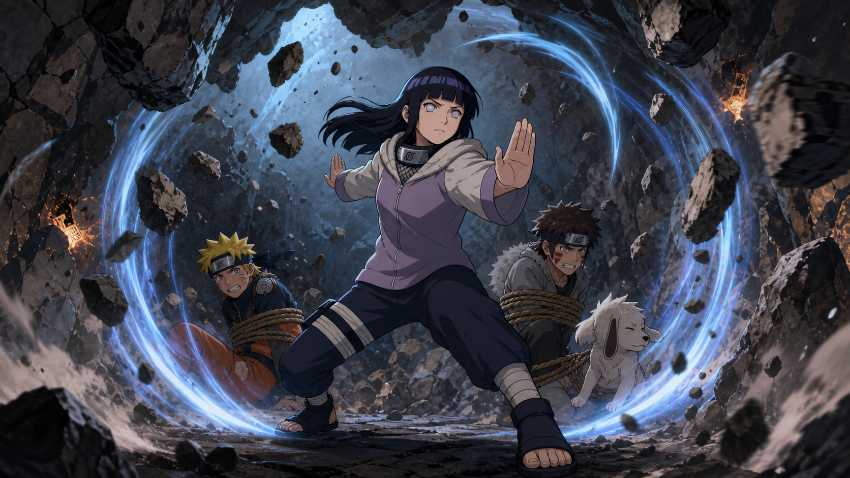 Hinata shields Naruto Kiba and Akamaru from falling cave rocks in Naruto Episode 176