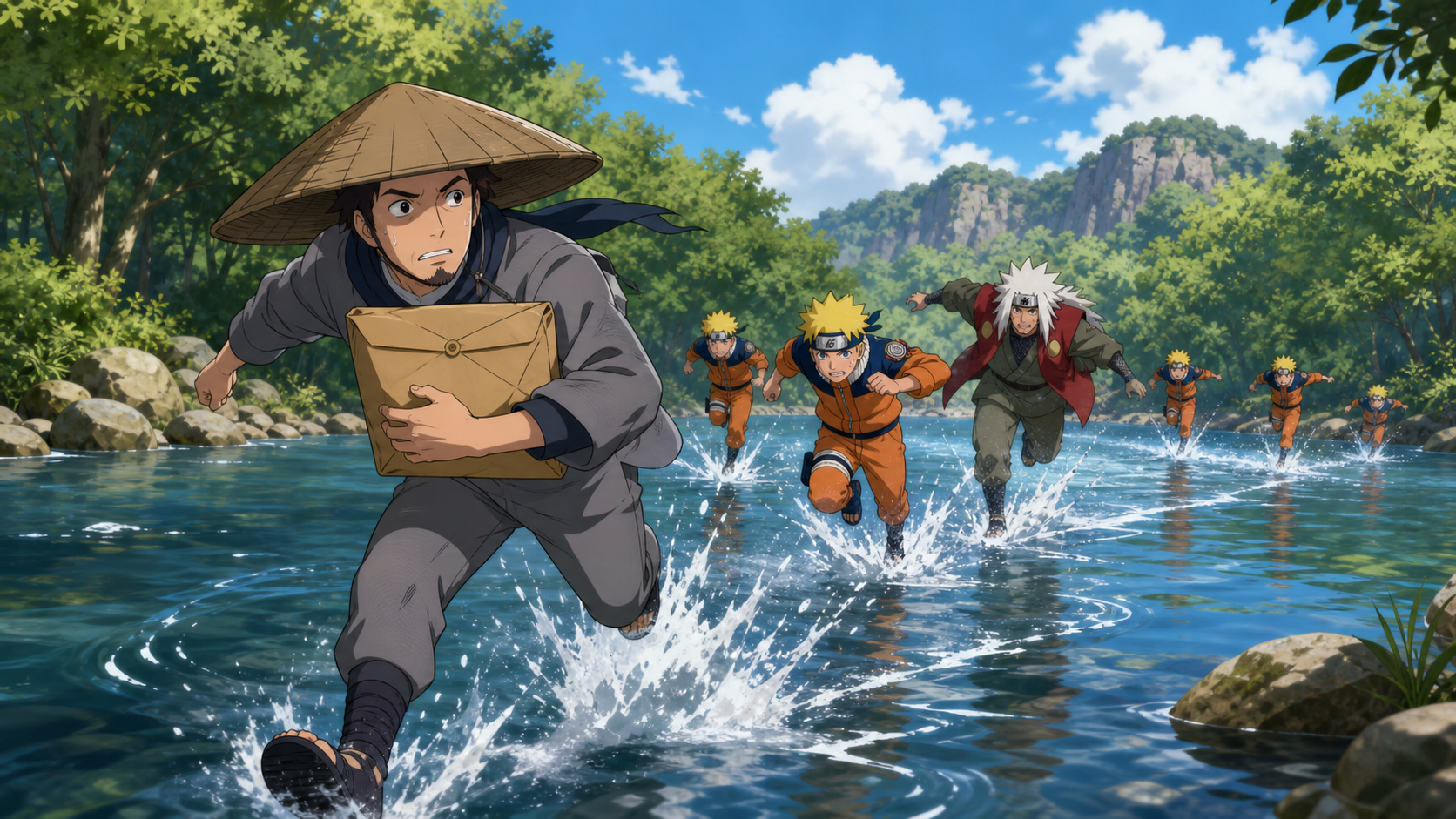 Naruto and Jiraiya chase a delivery ninja carrying a sealed parcel across a river in Naruto Episode 177