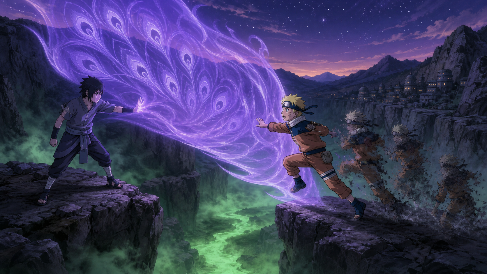 Sumaru uses purple peacock chakra to stop Naruto above a poison ravine in Naruto Episode 178