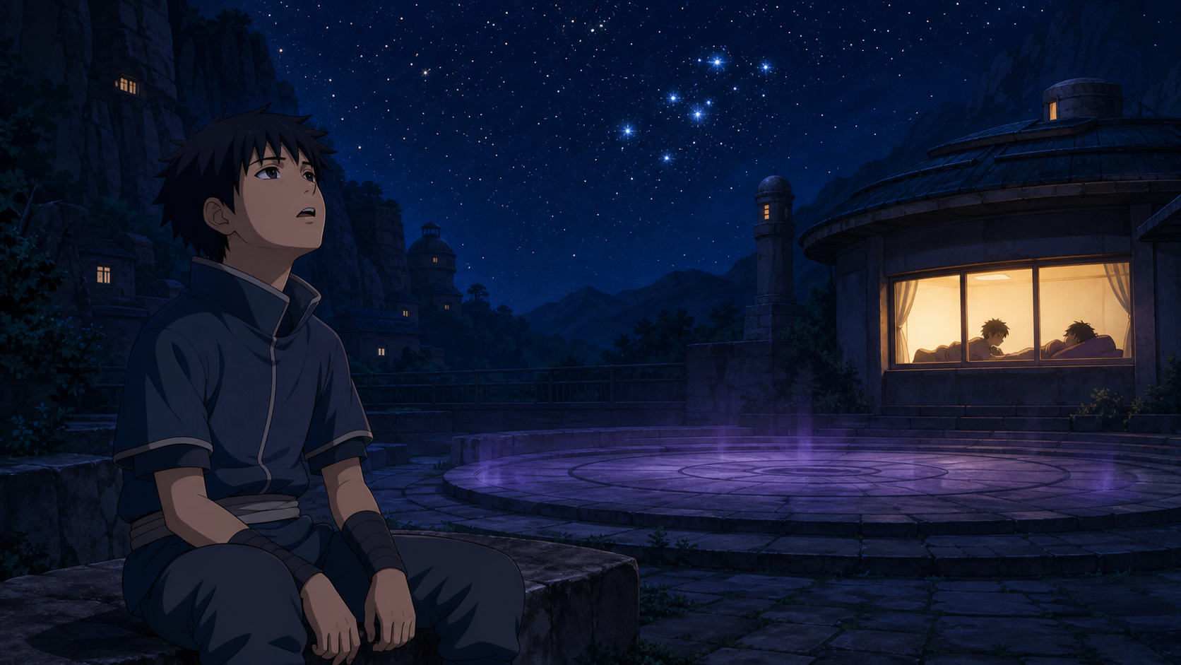 Sumaru sings beneath the stars beside Hidden Star’s empty training shrine in Naruto Episode 179