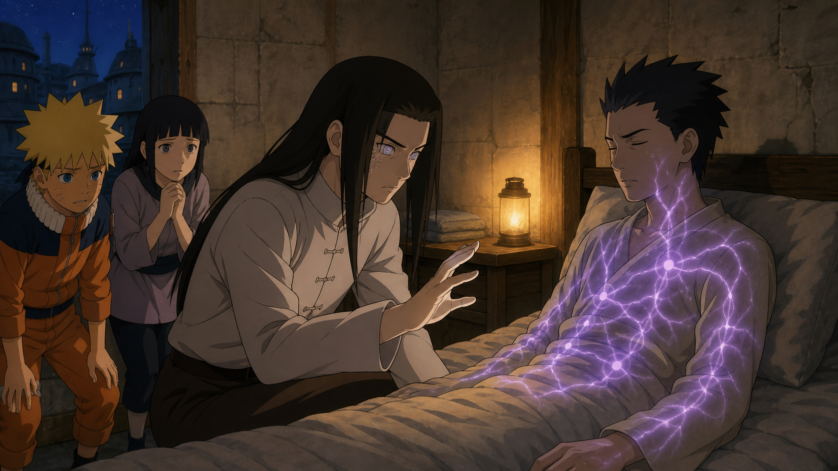 Neji examines dangerous purple chakra spreading through Mizura in Naruto Episode 180