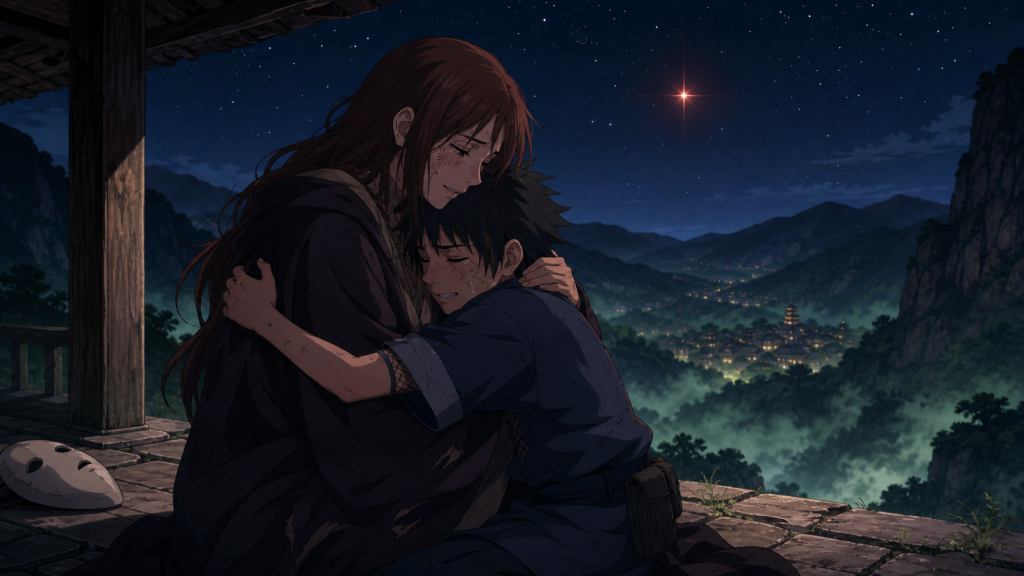 Natsuhi and Sumaru embrace beneath a red star in Naruto Episode 182