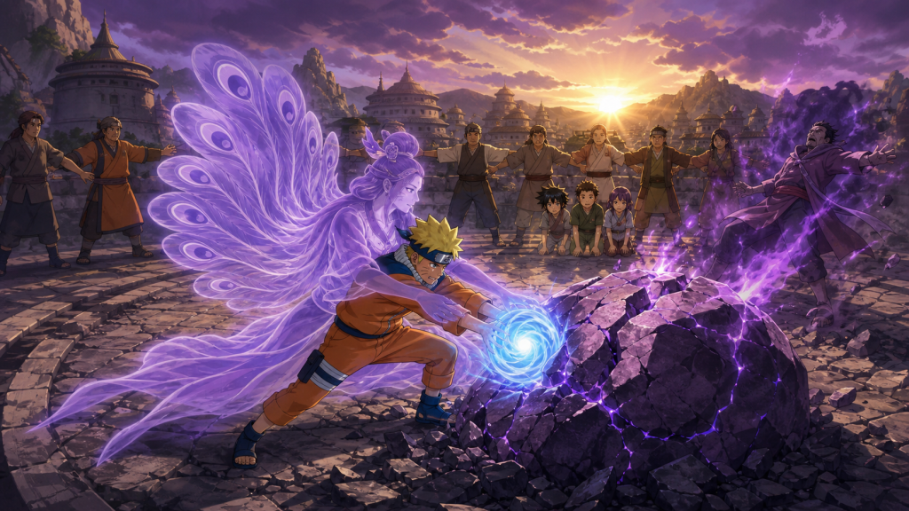 Naruto and Natsuhi’s violet chakra shatter the meteorite as Hidden Star protects its children in Naruto Episode 183