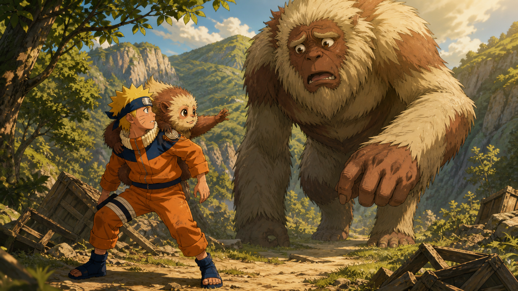 Naruto and baby Onbu face the worried adult onbaa in Naruto Episode 185