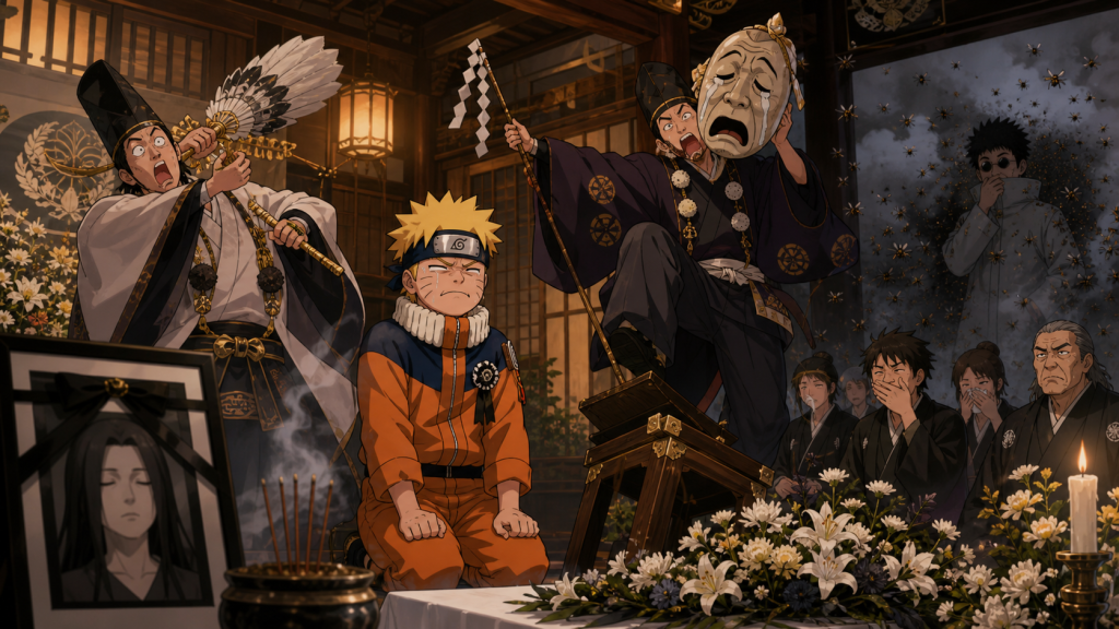Naruto resists laughing at a chaotic funeral while Shino struggles with a laughing drug in Naruto Episode 186