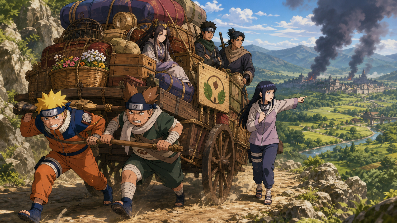 Naruto and Choji haul a merchant caravan as Hinata spots smoke over the Land of Greens in Naruto Episode 187