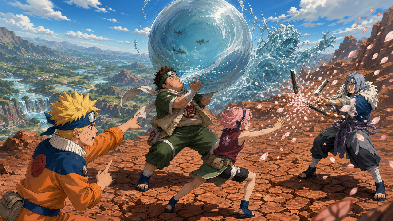 Choji drinks Ruiga’s remaining water as Naruto and Yurinojou trap him on dry ground in Naruto Episode 189