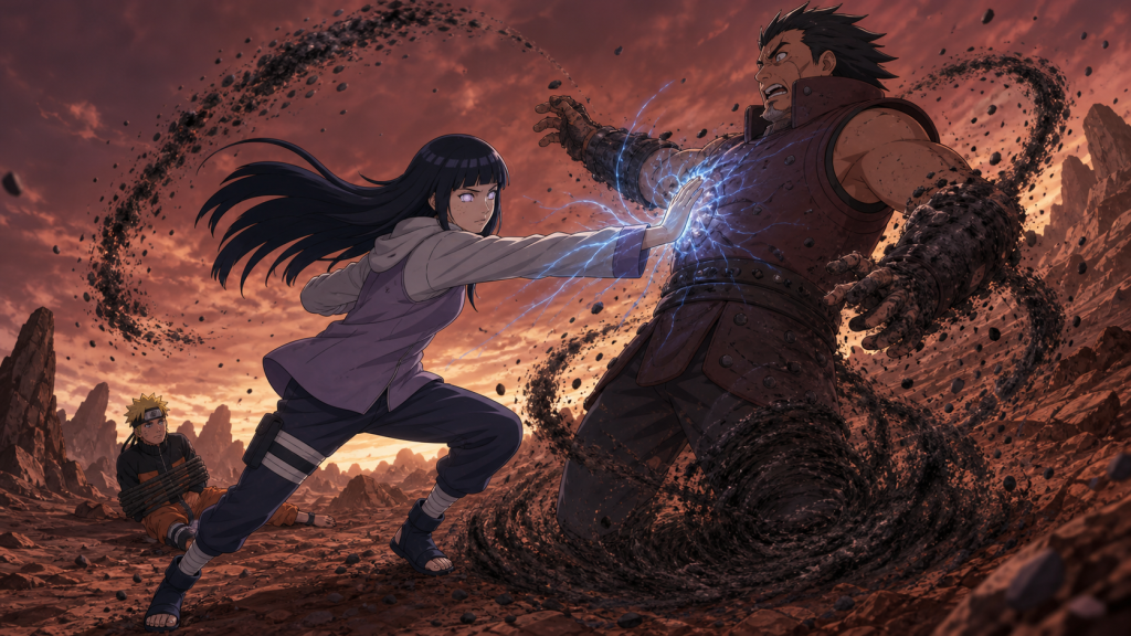 Hinata strikes Jiga’s chakra point as iron sand begins trapping him in Naruto Episode 190