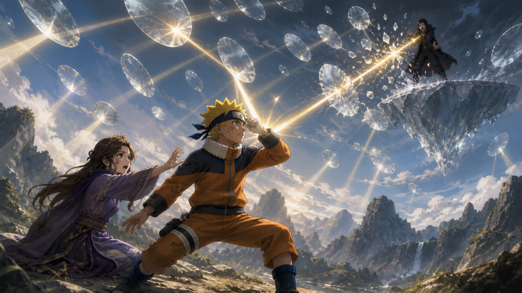 Naruto reflects Renga’s sunlight beam with his forehead protector while shielding Haruna in Naruto Episode 191