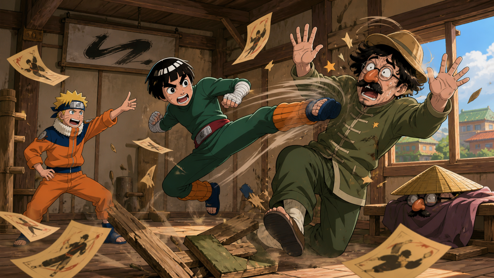 Rock Lee kicks the disguised spy Nanafushi as Naruto encourages the mistaken dojo challenge in Naruto Episode 193