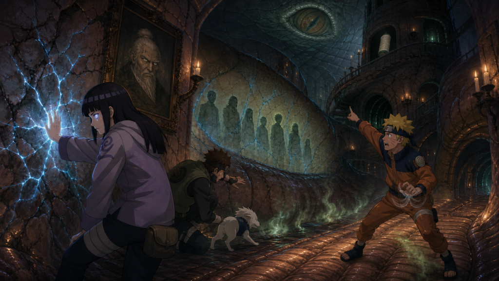 Hinata reveals chakra in the living castle walls as Kiba Akamaru and Naruto locate trapped travelers in Naruto Episode 194