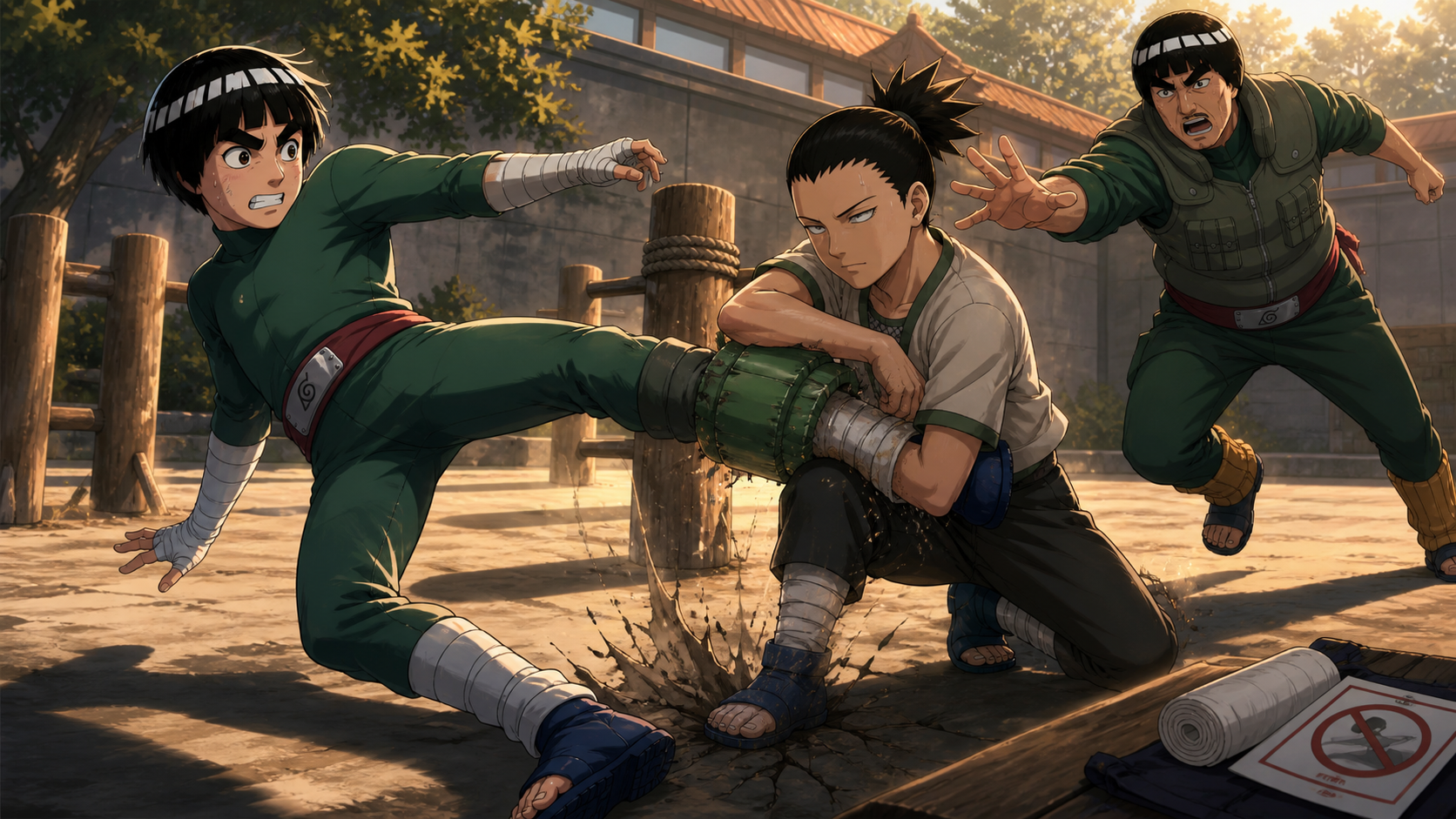 Yagura traps Rock Lee’s weighted kicking leg as Guy rushes to stop the dangerous practice match in Naruto Episode 195