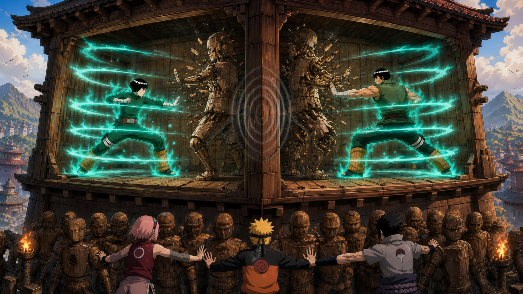 Rock Lee and Guy break mirrored wooden puppets in separate chambers while Naruto’s team holds back the dummy army in Naruto Episode 196