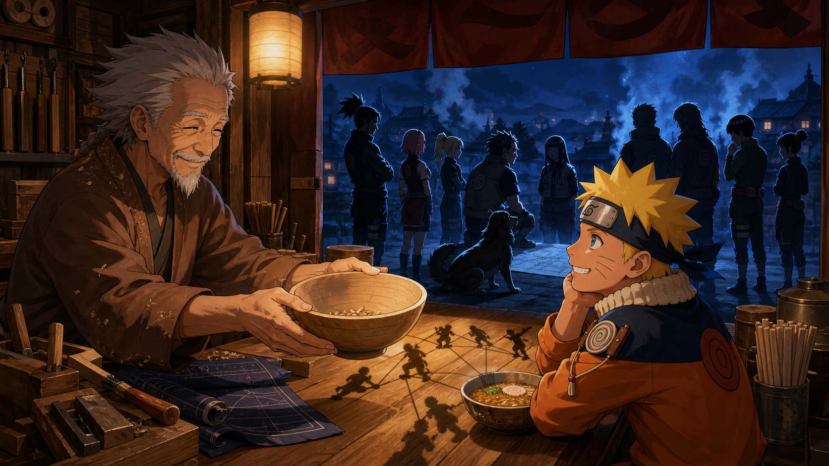 Gennō shares ramen with Naruto as the Hidden Leaf 11 gather outside to investigate the stolen village plans in Naruto Episode 197