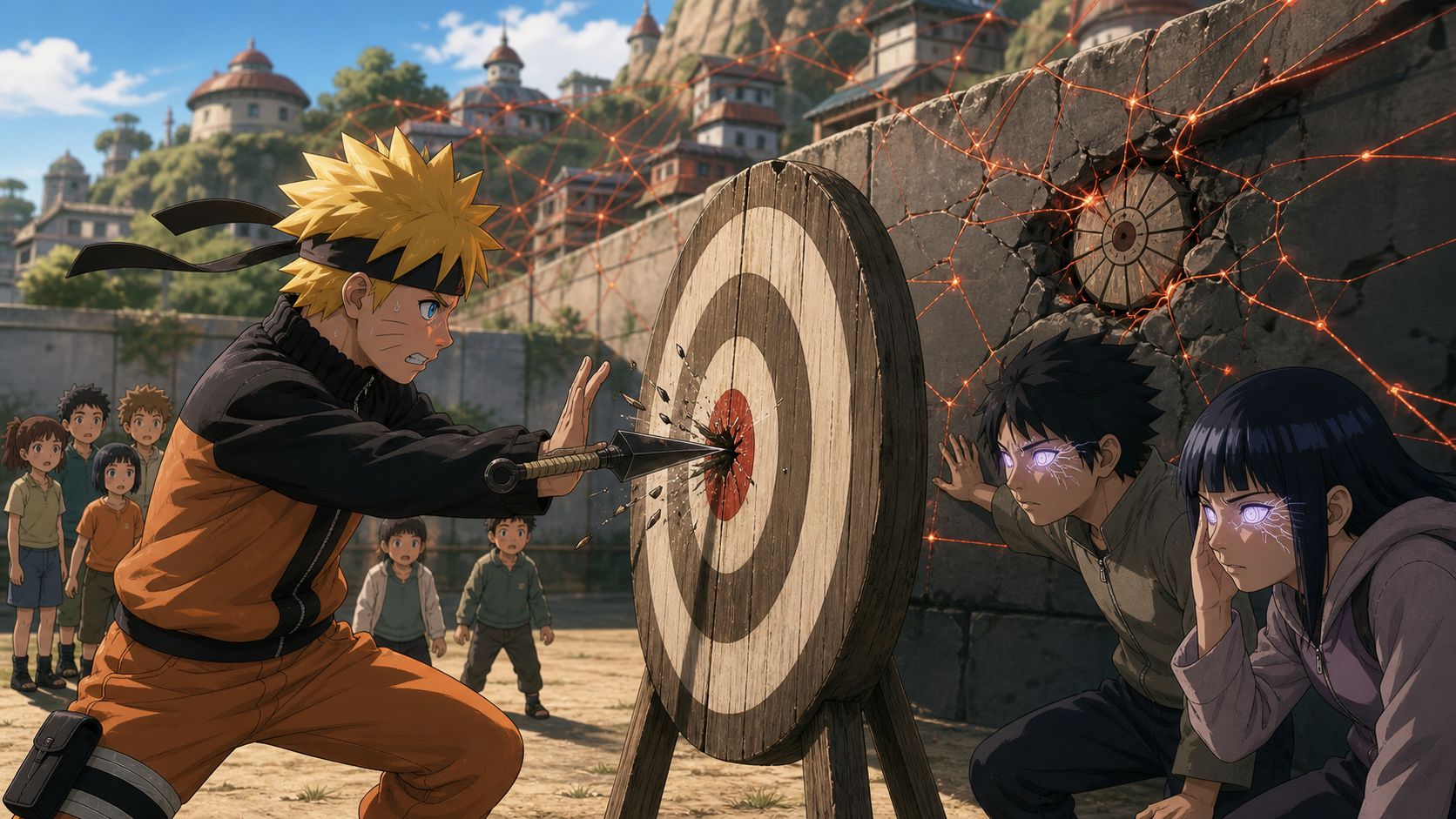 Naruto stops a kunai from striking the Academy bullseye while Neji and Hinata trace Gennō’s hidden bomb network in Naruto Episode 199