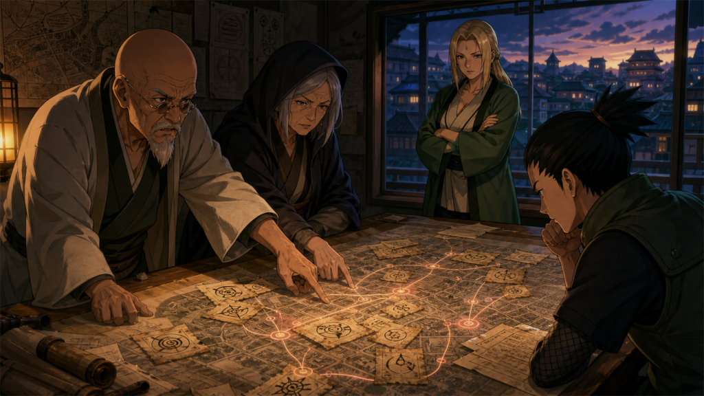 Homura and Koharu identify Gennō’s old paper-bomb pattern on a historic Konoha development map in Naruto Episode 200