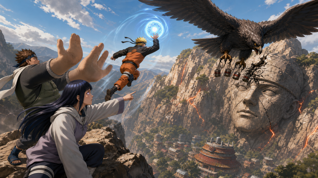 Chōji launches Naruto as Hinata directs his interception of Gennō’s bomb-carrying eagle above the Hokage Monument in Naruto Episode 201