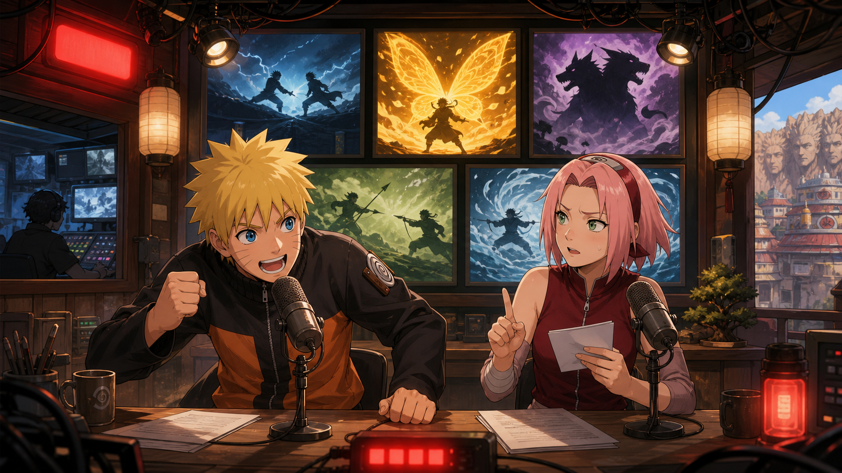 Naruto and Sakura host a five-battle anniversary countdown from a Leaf Village television studio in Naruto Episode 202
