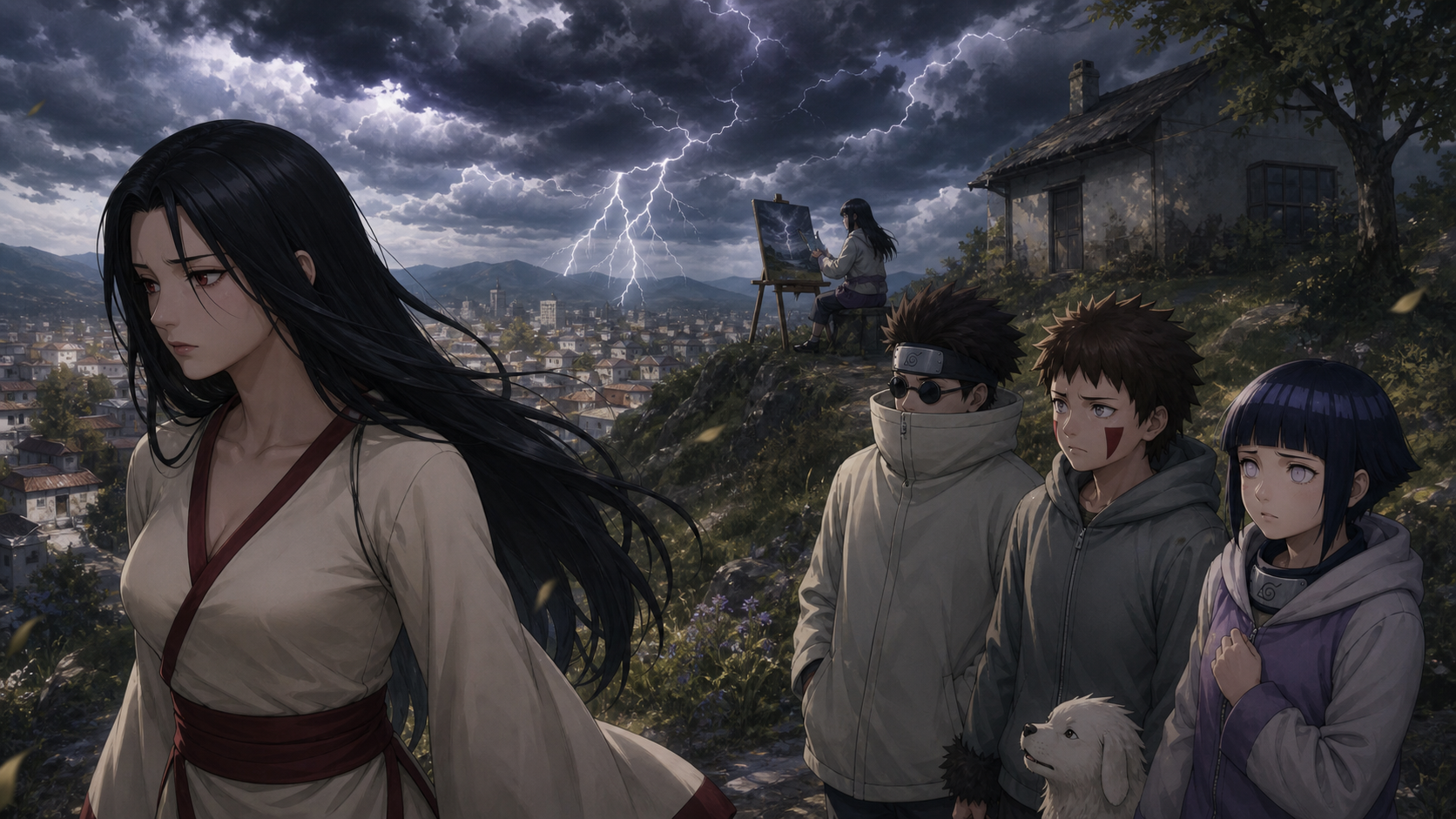 Kurenai walks away from Kiba, Shino, Hinata and Akamaru as Yakumo paints a real lightning storm in Naruto Episode 203
