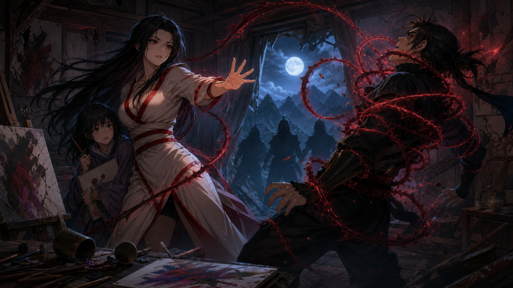 Kurenai reverses a thorny genjutsu onto a Kurama clan attacker while shielding Yakumo inside the cottage in Naruto Episode 204