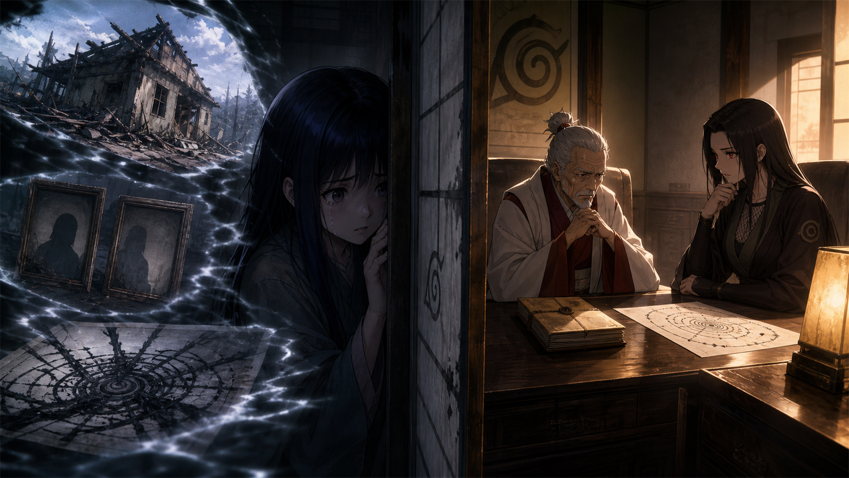Yakumo secretly overhears the Third Hokage and Kurenai discuss her dangerous power as memories of her burned home surround her in Naruto Episode 205